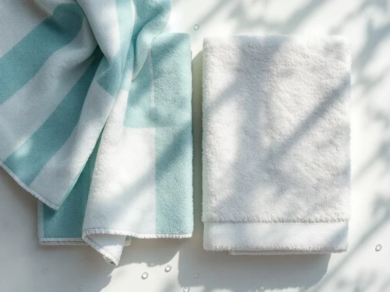 Vergelijking van absorptievermogen: lichte turquoise hamamdoek waarvan water afglijdt naast pluizige witte badhanddoek die water opneemt, op houten ondergrond.