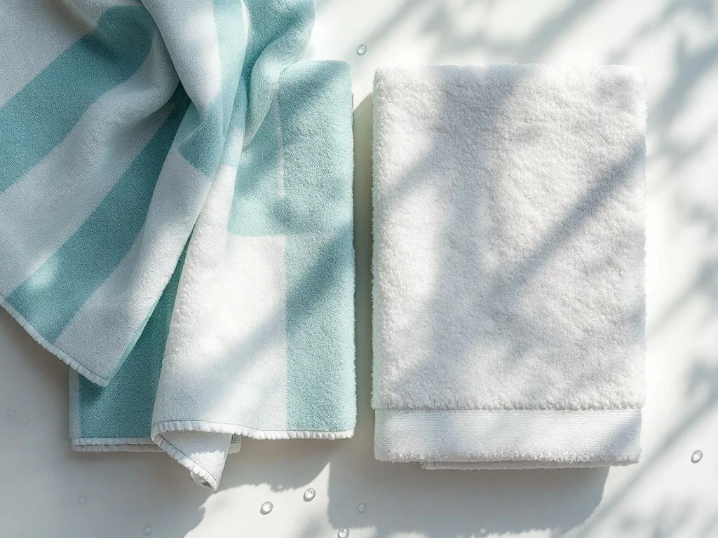 Vergelijking van absorptievermogen: lichte turquoise hamamdoek waarvan water afglijdt naast pluizige witte badhanddoek die water opneemt, op houten ondergrond.